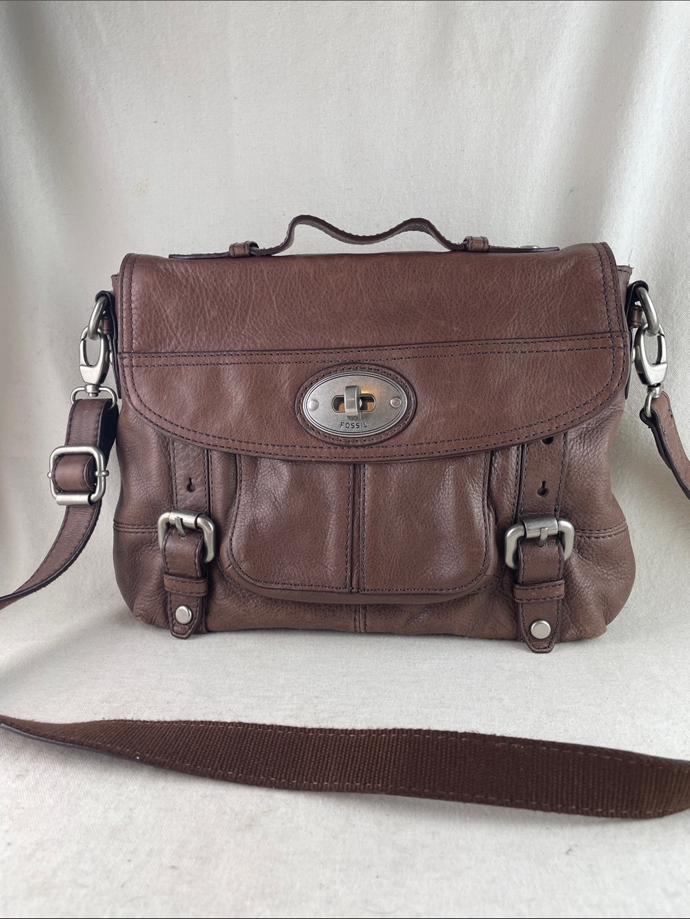 Fossil Brown Leather Messenger Bag with Silver Hardware